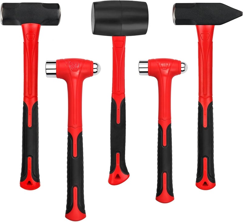 ct 5-Piece Hammer Set, 16oz Ball Peen Hammer | 32oz Ball Peen Hammer | 32oz Rubber Mallet | 3lb Sledge Hammer | 3lb Cross Peen, Fiberglass Handle & Mallet Set - Image 1